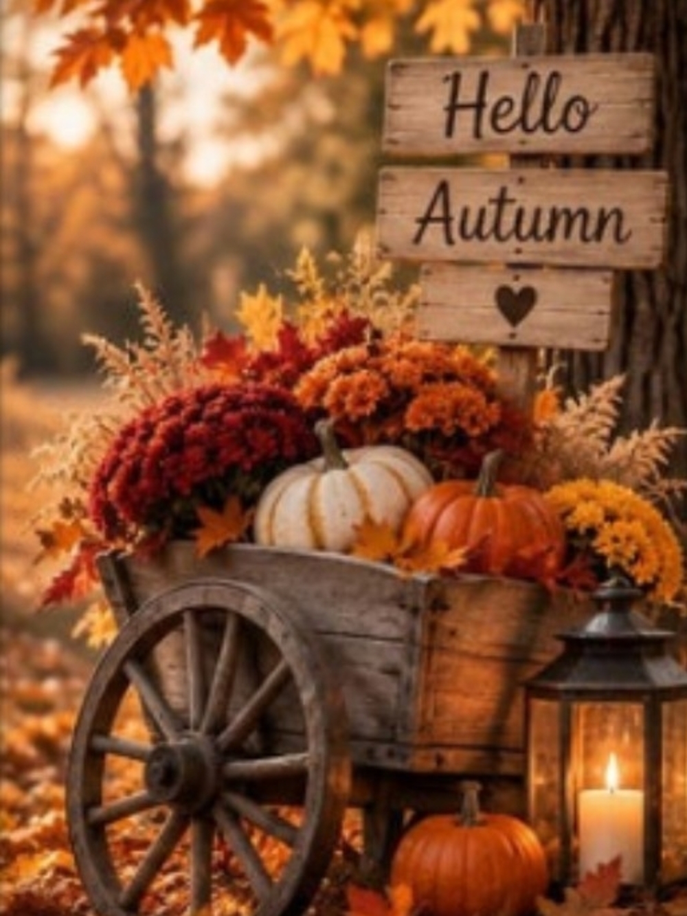 Autumn Harvest Wooden Wagon with Orange & White Pumpkins 8x10 Print